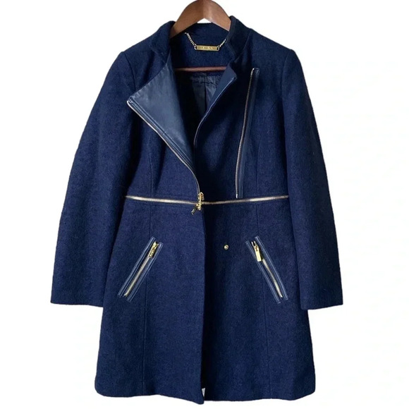 IMAN Women Platinum Rock The Runaway Transformer Wool Blend Navy Coat Size Small - Picture 4 of 15